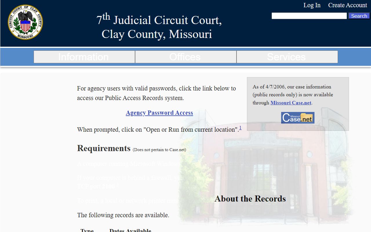 Clay County court records public access page for Case.net