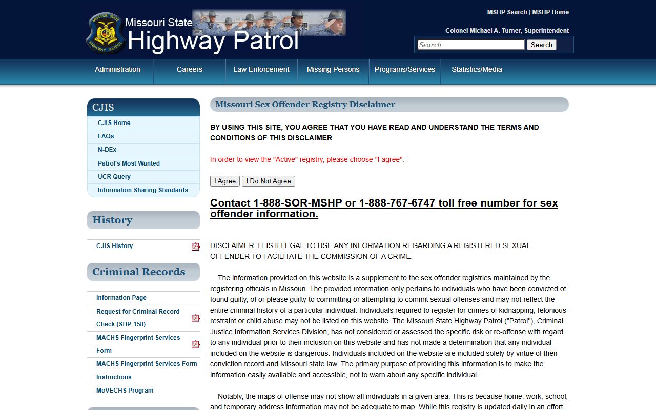 Missouri State Highway Patrol sex offender registry information page