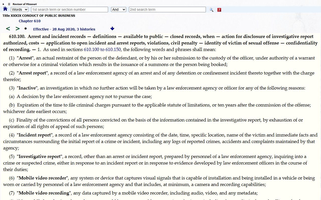 Missouri RSMo 610.100 law-enforcement records statute page