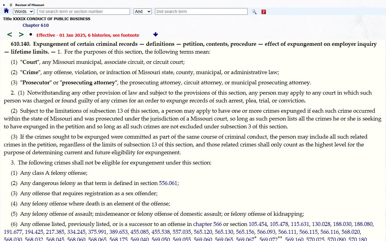 Missouri RSMo 610.140 criminal record expungement statute page
