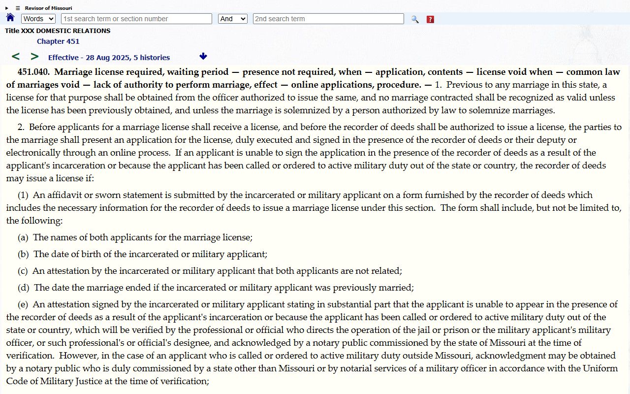 Clay County marriage records Missouri license validity statute