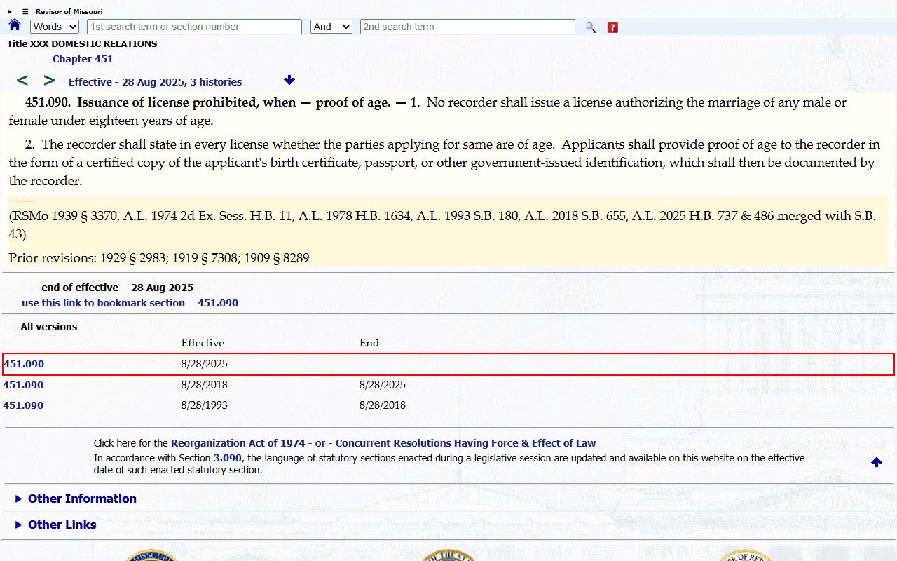 Clay County marriage records Missouri age proof statute
