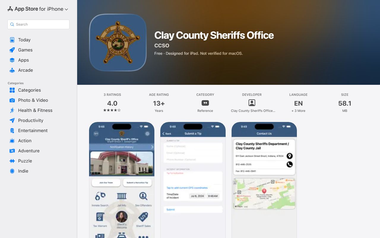 Apple App Store listing for the Clay County Sheriff's Office app
