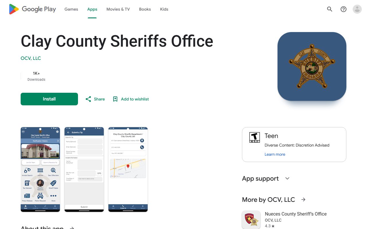 Google Play listing for the Clay County Sheriff's Office app