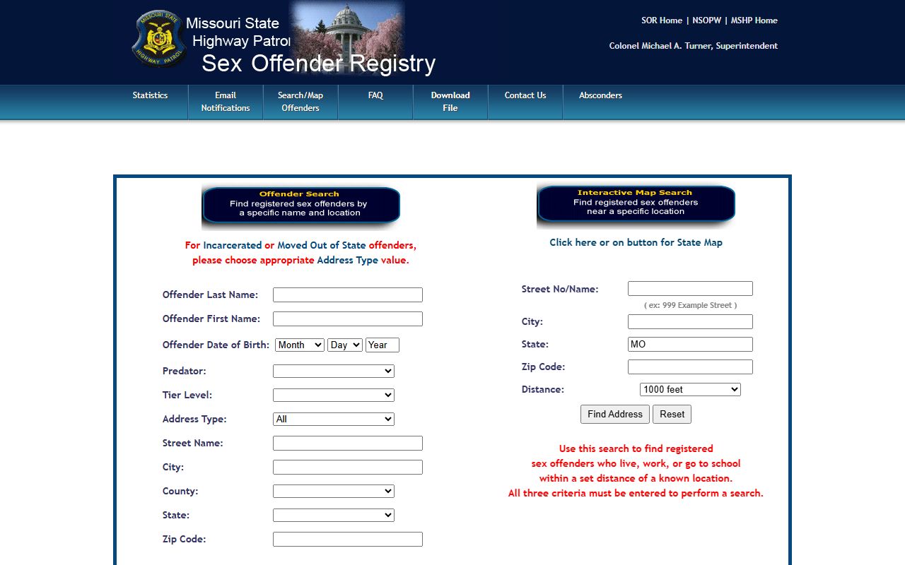 Missouri State Highway Patrol sex offender registry search fields