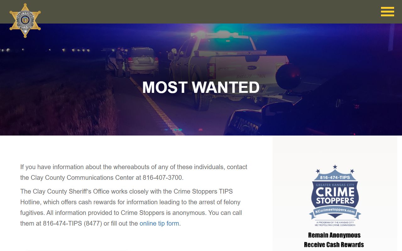 Clay County Sheriff Most Wanted page showing charges physical fields and bond