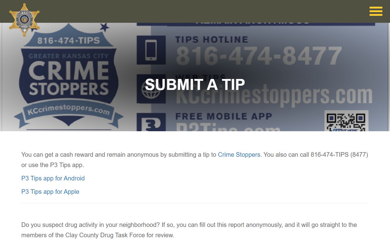Clay County Sheriff submit a tip page with Crime Stoppers and P3 Tips information